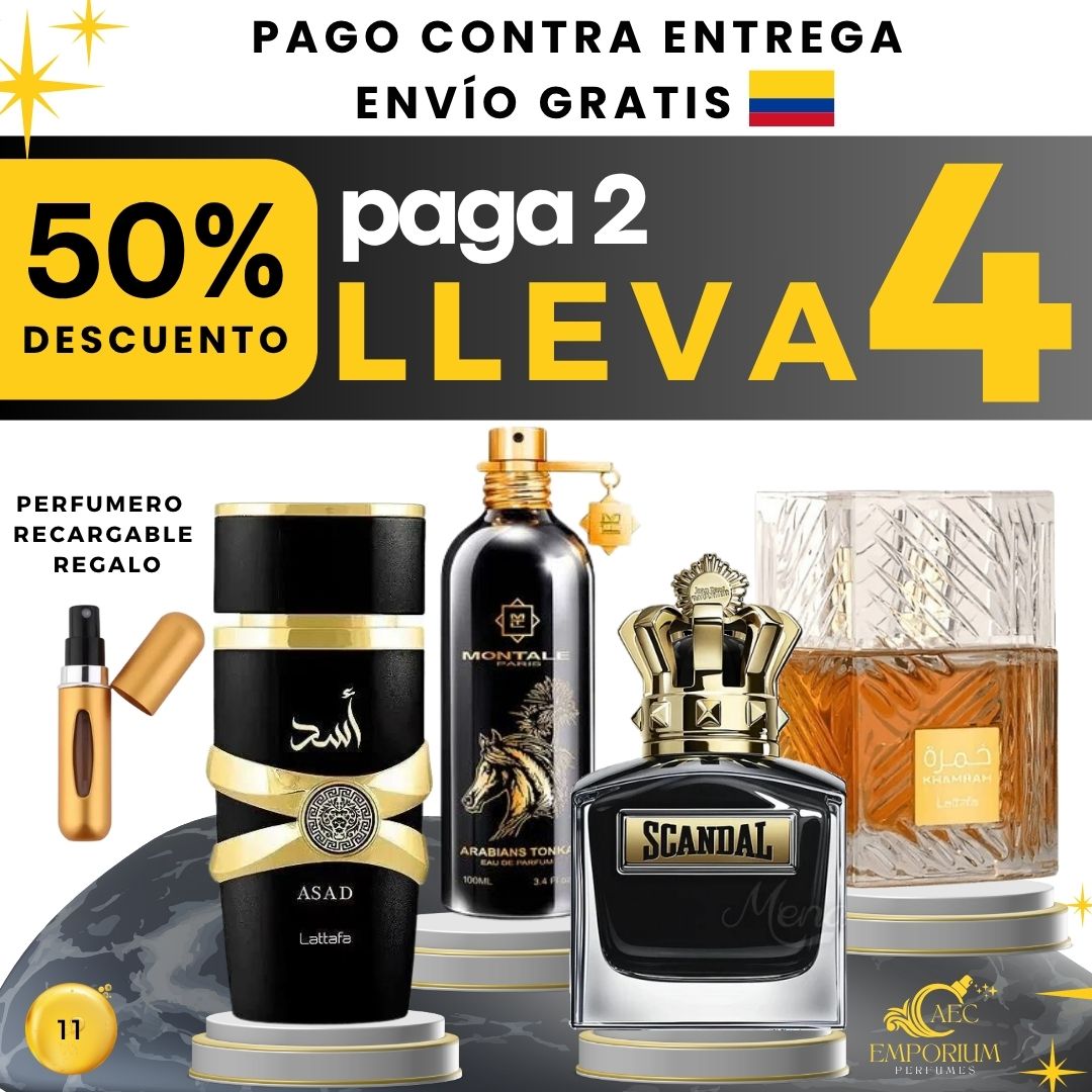 Kit de 4 Perfumes Importados - Lattafa Asad | Montale Tonka | Khamrah | Scandal (100ml) + 4 Perfumeros de Regalo