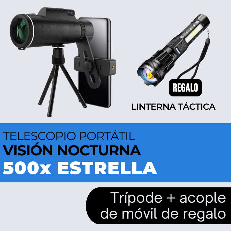 Telescopio Portátil 500x Estrella + Linterna Táctica TitaniumPro de regalo 🎁