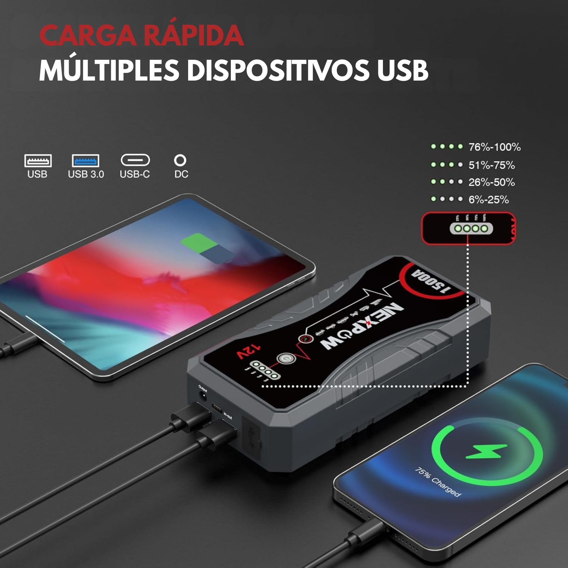 (PROMOCIÓN DE DÍA DE LA MADRE) Arrancador de Coches NexPower | Carga Rápida | Pinzas Inteligentes | Linterna 🎁